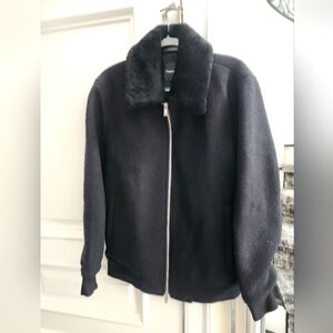 Thoery Mens Black Wool Bomber With Shearling Collar